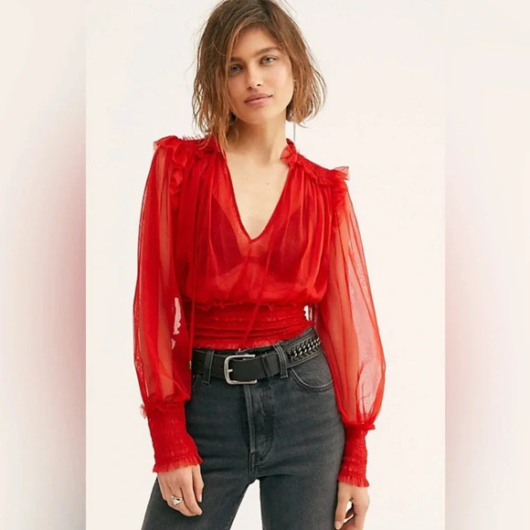 Free People Tops - Free People's Twyla Women’s XS Red Sheer Romantic Ruffle Feminine Boho Blouse